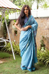 Turquoise Block Butti Print Mul Cotton Saree with Blouse Piece