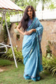 Turquoise Block Butti Print Mul Cotton Saree with Blouse Piece