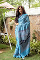 Turquoise Block Butti Print Mul Cotton Saree with Blouse Piece