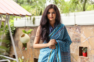 Turquoise Block Butti Print Mul Cotton Saree with Blouse Piece