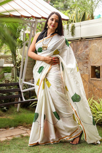 Ivory Pan Hand Block Print Mul Saree with Blouse Piece