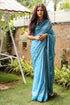 Turquoise Jaal & Stips Print Mul Cotton Saree with Blouse Piece
