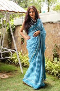 Turquoise Jaal & Stips Print Mul Cotton Saree with Blouse Piece