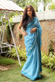 Turquoise Jaal & Stips Print Mul Cotton Saree with Blouse Piece