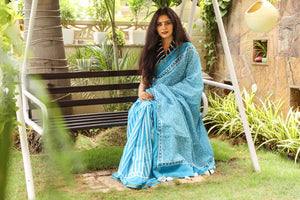 Turquoise Jaal & Stips Print Mul Cotton Saree with Blouse Piece