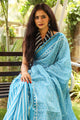 Turquoise Jaal & Stips Print Mul Cotton Saree with Blouse Piece
