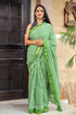 Green Jaal & Strips Block Print Mul Cotton Saree with Blouse Piece
