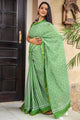 Green Jaal & Strips Block Print Mul Cotton Saree with Blouse Piece