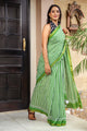 Green Jaal & Strips Block Print Mul Cotton Saree with Blouse Piece