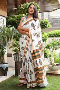 Ivory Mughal Hand Block Print Mul Saree with Blouse Piece