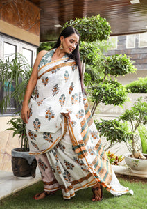 Ivory Mughal Hand Block Print Mul Saree with Blouse Piece
