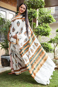 Ivory Mughal Hand Block Print Mul Saree with Blouse Piece