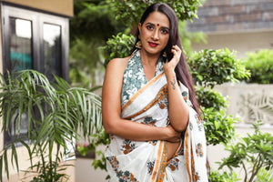 Ivory Mughal Hand Block Print Mul Saree with Blouse Piece