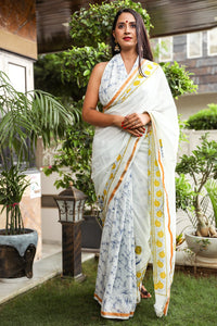 Ivory  Merygold Hand Block Print Mul Saree with Blouse Piece