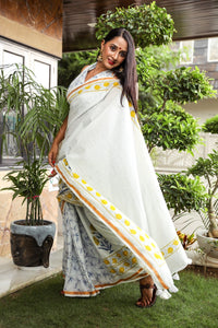 Ivory  Merygold Hand Block Print Mul Saree with Blouse Piece