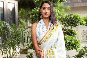 Ivory  Merygold Hand Block Print Mul Saree with Blouse Piece