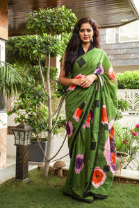 Green Hand Block Print Mul Saree with Blouse Piece