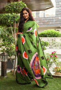 Green Hand Block Print Mul Saree with Blouse Piece