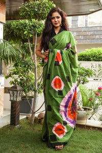 Green Hand Block Print Mul Saree with Blouse Piece