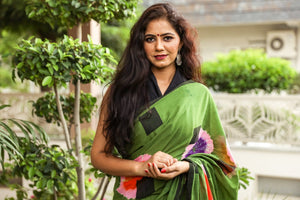 Green Hand Block Print Mul Saree with Blouse Piece