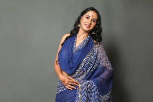Blue Pure Chiffon Block Print Saree with Blouse