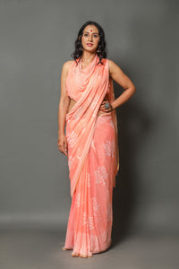 Peach Pure Chiffon Block Butta Print Saree with Blouse