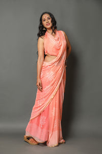 Peach Pure Chiffon Block Butta Print Saree with Blouse