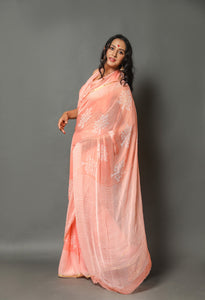 Peach Pure Chiffon Block Butta Print Saree with Blouse