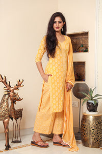 Yellow Discharge Butti Print Cotton Suit Set