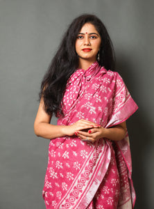 Fuchsia Block Print Linen Border Saree with Blouse