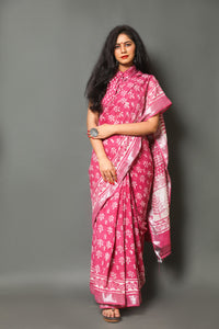 Fuchsia Block Print Linen Border Saree with Blouse