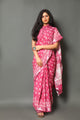 Fuchsia Block Print Linen Border Saree with Blouse