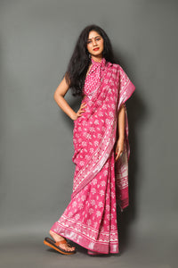 Fuchsia Block Print Linen Border Saree with Blouse