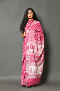Fuchsia Block Print Linen Border Saree with Blouse