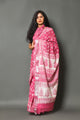 Fuchsia Block Print Linen Border Saree with Blouse
