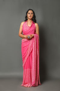 Pink Pure Chiffon Block Print Saree with Blouse