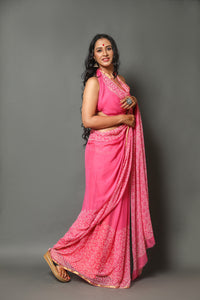 Pink Pure Chiffon Block Print Saree with Blouse