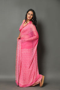 Pink Pure Chiffon Block Print Saree with Blouse
