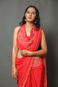 Red Pure Chiffon Block Print Saree with Blouse
