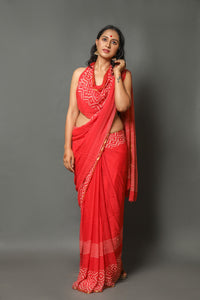 Red Pure Chiffon Block Print Saree with Blouse
