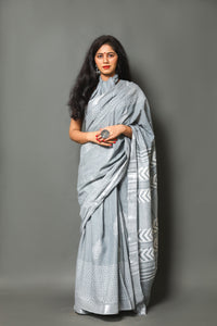 Liight Grey Block Butta Print Linen Border Saree with Blouse