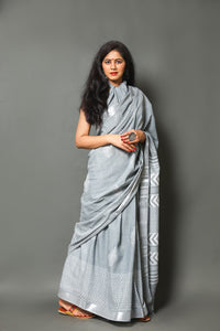 Liight Grey Block Butta Print Linen Border Saree with Blouse