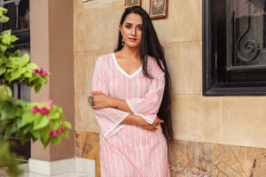 Pink Block Print Lace Straight Kurti