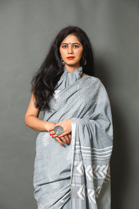 Liight Grey Block Butta Print Linen Border Saree with Blouse