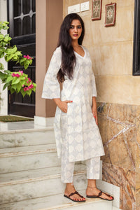 Blue Block Print Lace Straight Kurti