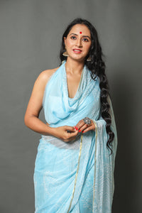 Aqua Pure Chiffon Block Print Saree with Blouse