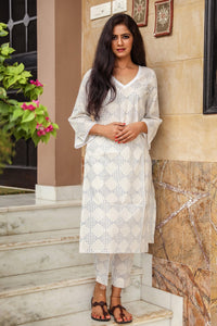 Blue Block Print Lace Straight Kurti