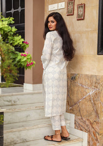 Blue Block Print Lace Straight Kurti