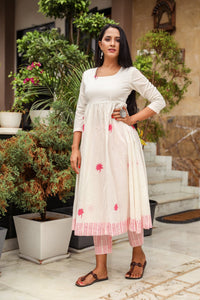 White & Pink Block Print Anarkali Kurta Pant Set