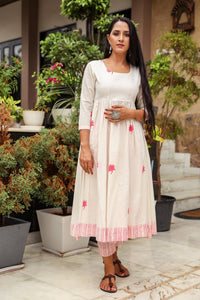 White & Pink Block Print Anarkali Kurta Pant Set